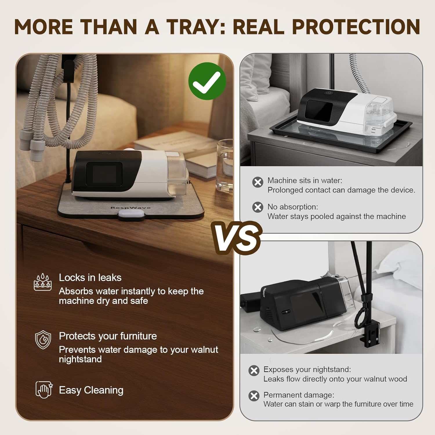CPAP Hose Holder & Bedside Organizer – with Absorbent Mat, Leak-Proof Tray, and Built-in Night Light | Hose Hanger with Retractable Hook for CPAP Mask Tubing | Travel-Friendly, Black