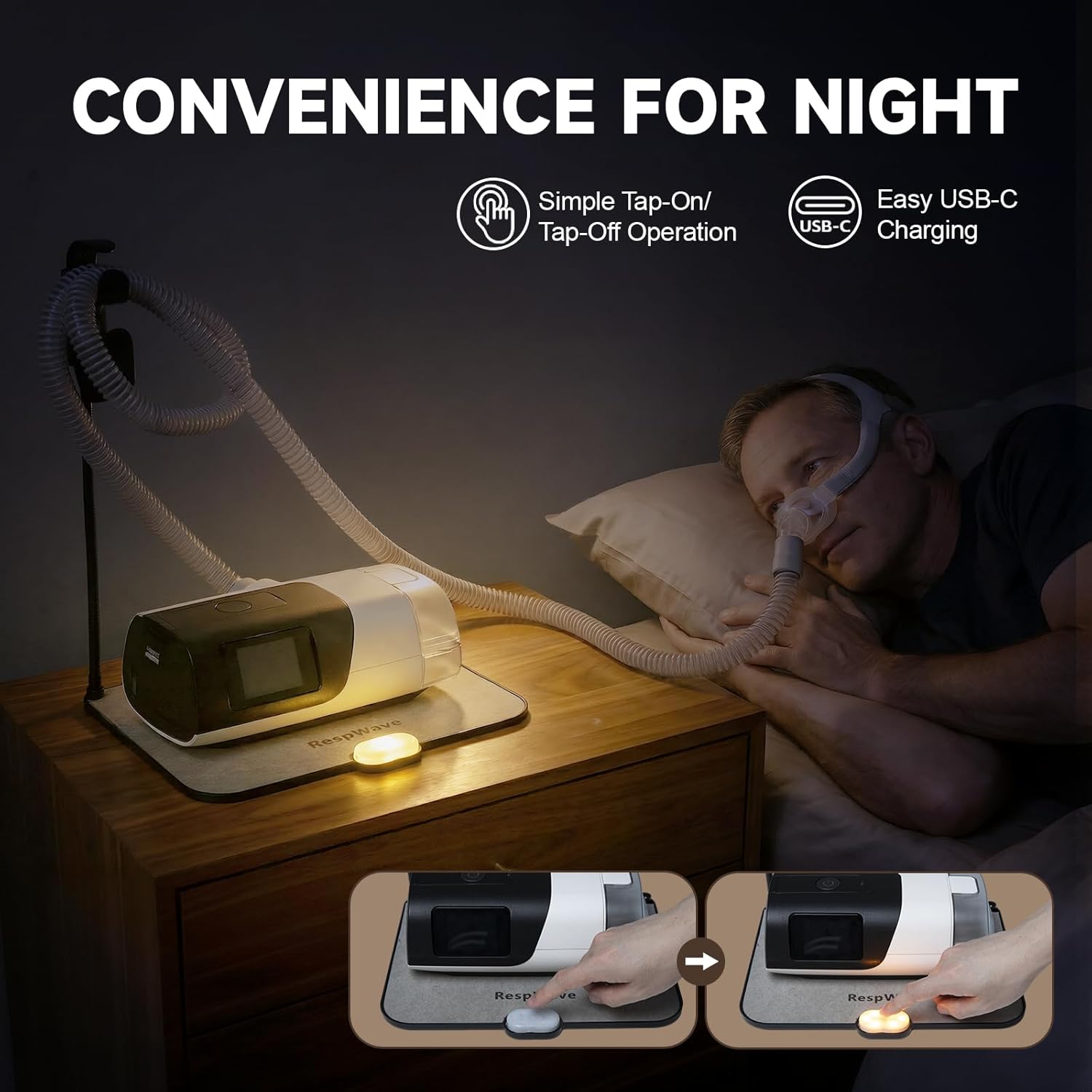 CPAP Hose Holder & Bedside Organizer – with Absorbent Mat, Leak-Proof Tray, and Built-in Night Light | Hose Hanger with Retractable Hook for CPAP Mask Tubing | Travel-Friendly, Black