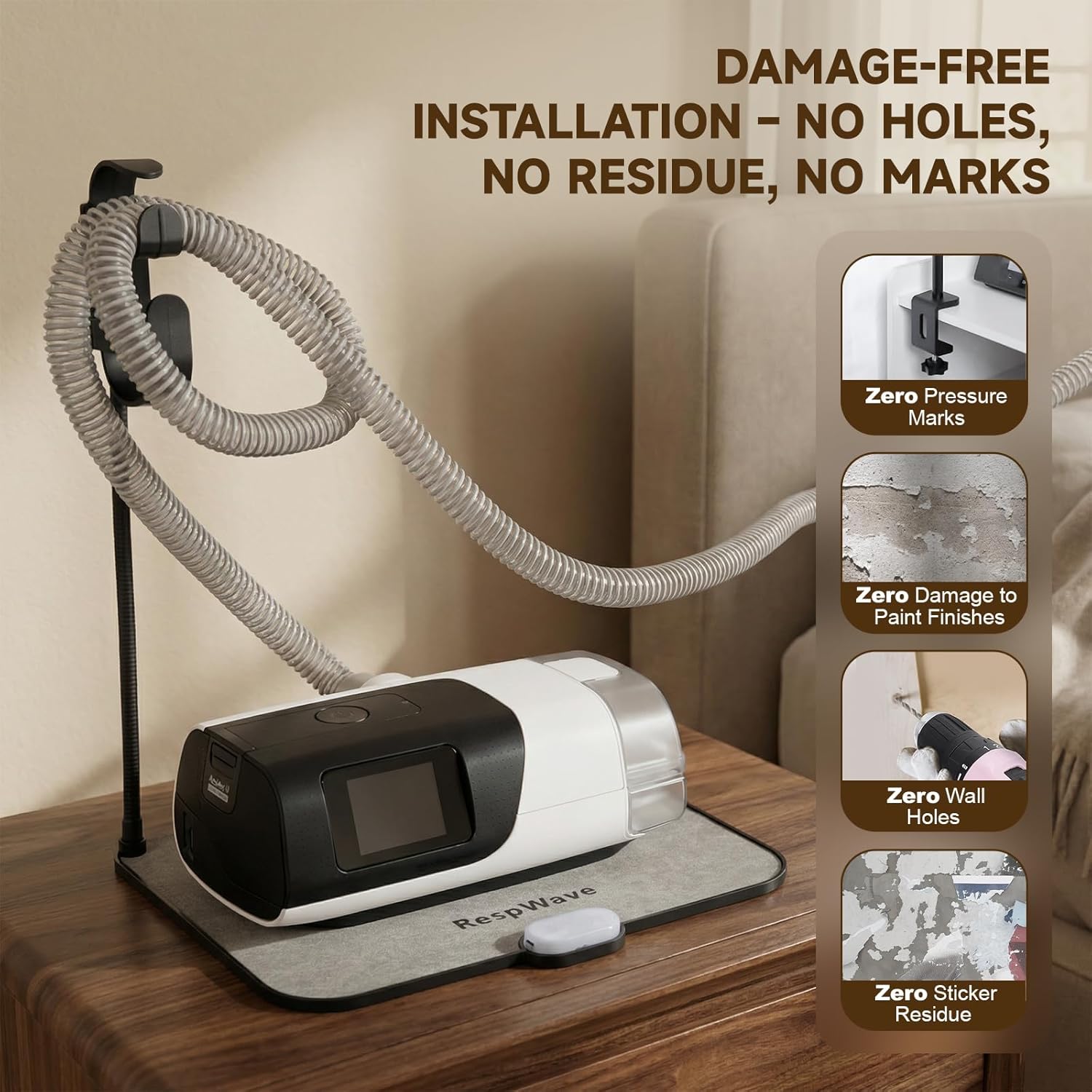 CPAP Hose Holder & Bedside Organizer – with Absorbent Mat, Leak-Proof Tray, and Built-in Night Light | Hose Hanger with Retractable Hook for CPAP Mask Tubing | Travel-Friendly, Black