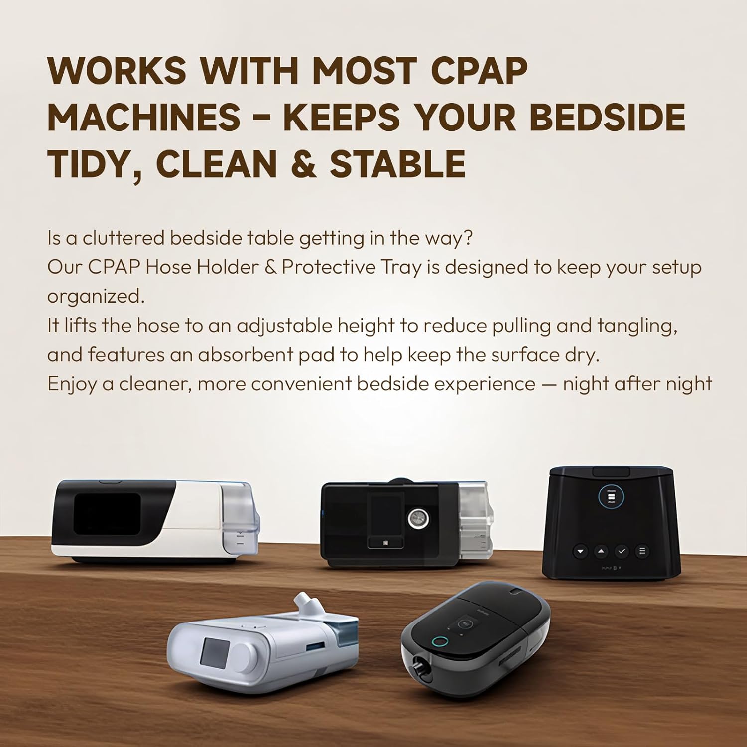 CPAP Hose Holder & Bedside Organizer – with Absorbent Mat, Leak-Proof Tray, and Built-in Night Light | Hose Hanger with Retractable Hook for CPAP Mask Tubing | Travel-Friendly, Black