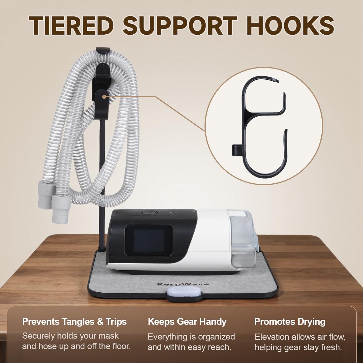 CPAP Hose Holder & Bedside Organizer – with Absorbent Mat, Leak-Proof Tray, and Built-in Night Light | Hose Hanger with Retractable Hook for CPAP Mask Tubing | Travel-Friendly, Black