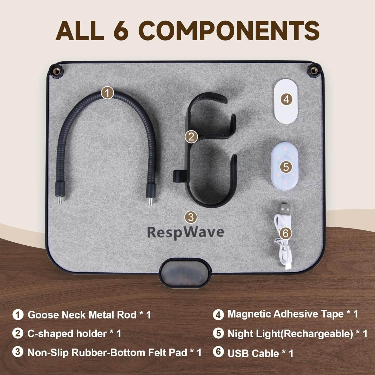 CPAP Hose Holder & Bedside Organizer – with Absorbent Mat, Leak-Proof Tray, and Built-in Night Light | Hose Hanger with Retractable Hook for CPAP Mask Tubing | Travel-Friendly, Black
