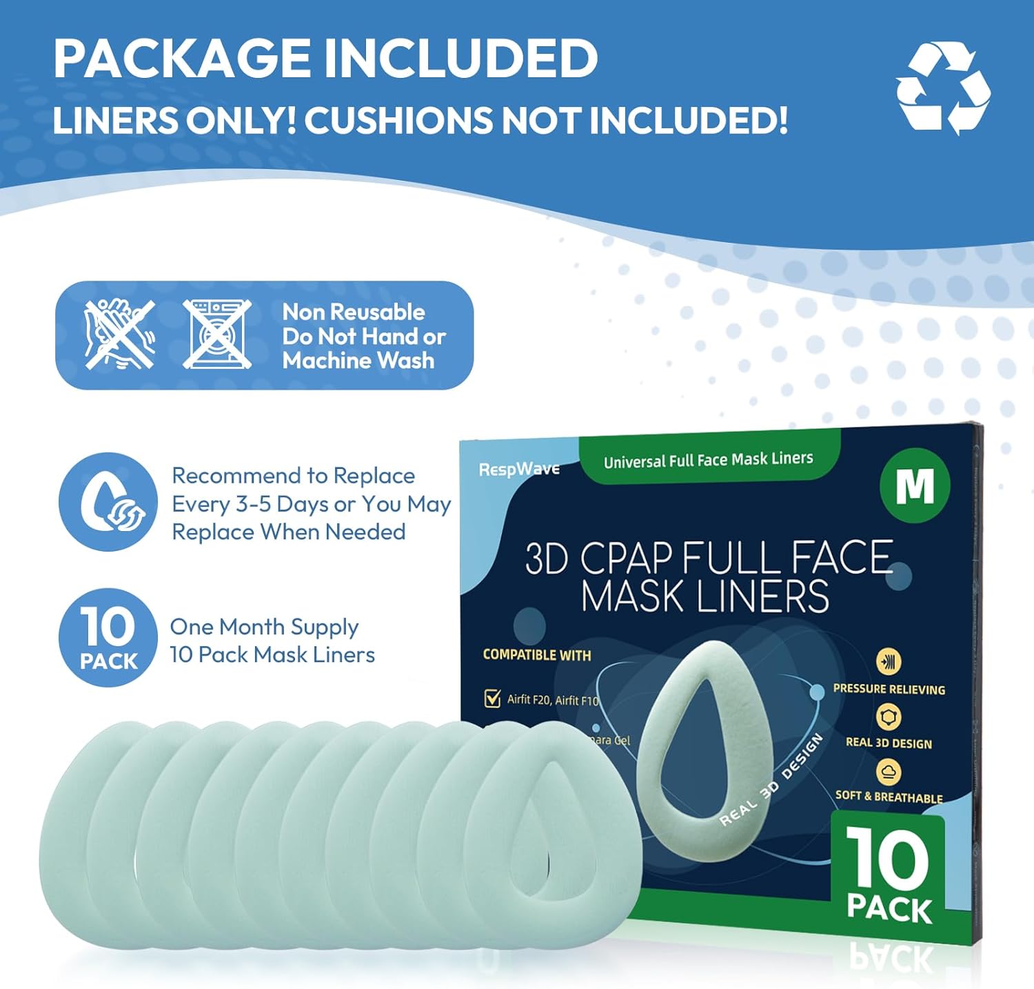 10-Pack CPAP Mask Liners for Full Face Masks – Reduces Air Leaks & Pressure Marks | Compatible with ResMed F20/F10, F&P Simplus & Vitera, Philips Amara Series (Cushions NOT Included)