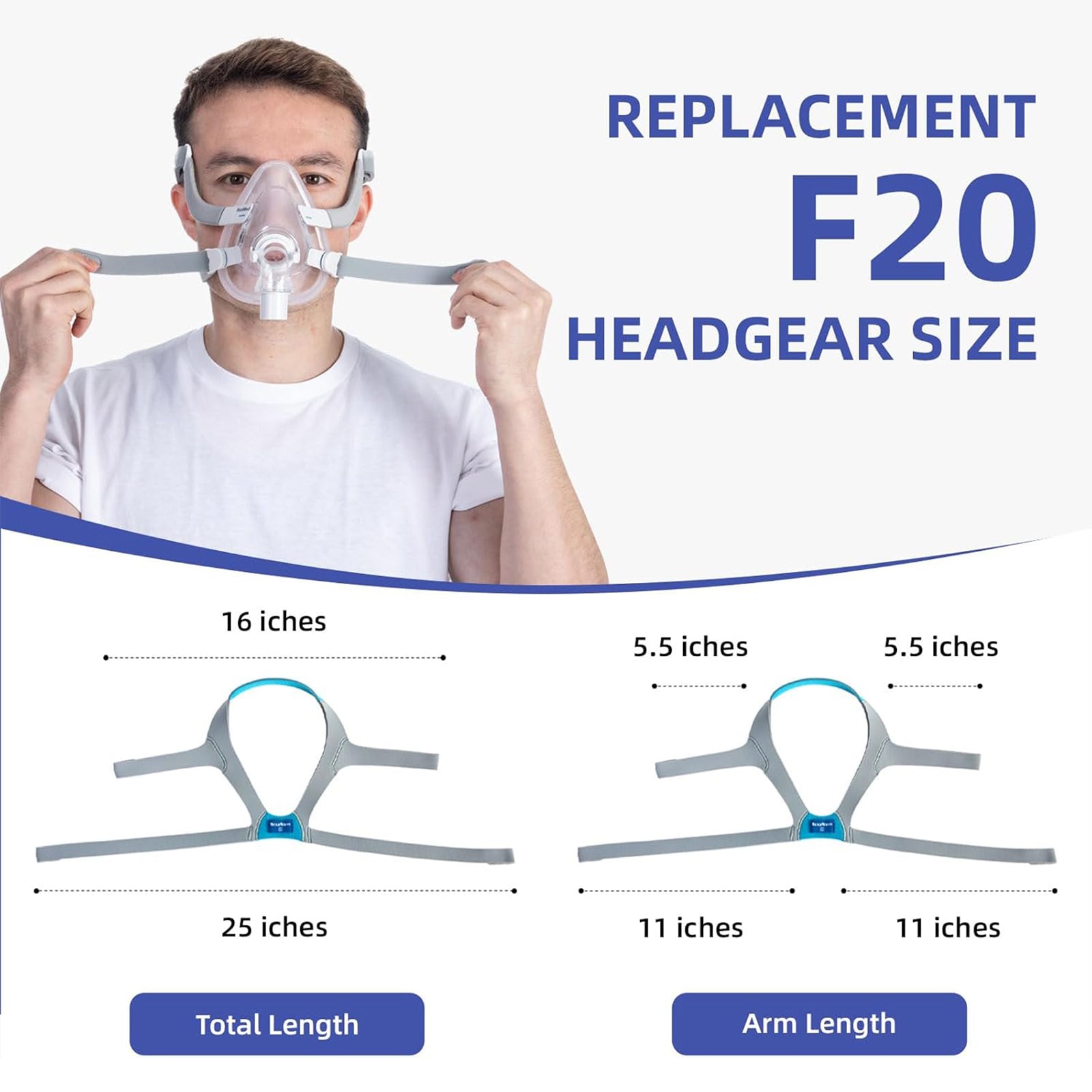 3-Pack Replacement CPAP Headgear Strap Compatible with AirFit F20 & AirTouch F20 Full Face Mask, Adjustable Comfort Fit Headgear (Standard)