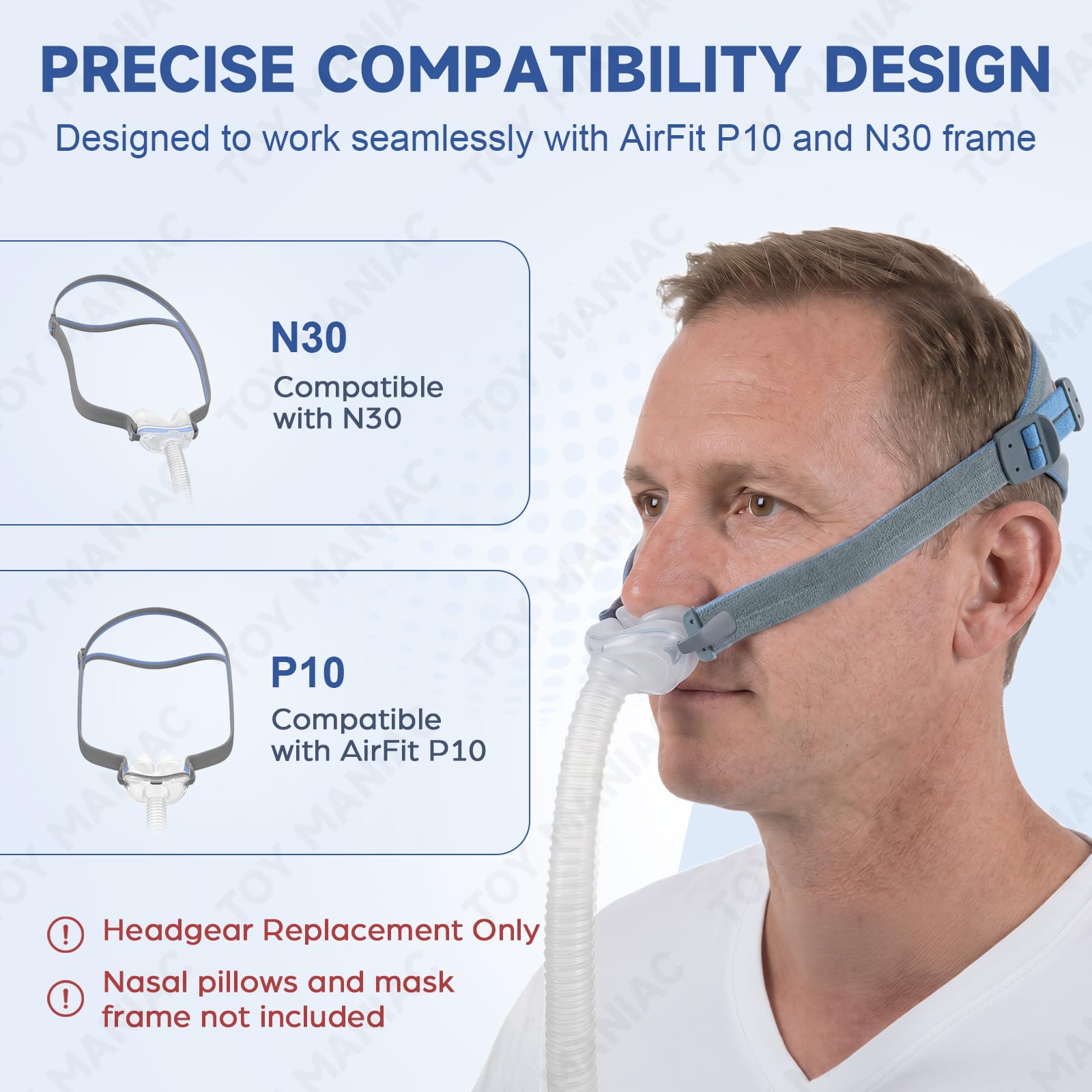 Replacement Headgear Compatible with AirFit P10 & N30, Adjustable CPAP Headgear Strap with Soft Elastic Fabric